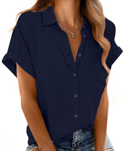 Mintreus Short Sleeve Shirts for Women Casual Blouses & Button-Down Shirts for Summer Style (Navy Blue-XL)