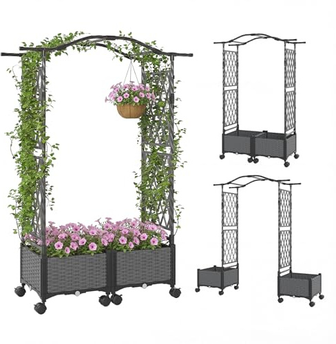COSTWAY Fioriera Rialzata con Graticcio e Tetto, Irrigazione Automatica e Ruote Bloccatili, Letto da Giardino Rialzato in Rattan Impermeabile per Piante Rampicanti, Fiori ed Erbe (Grigio)