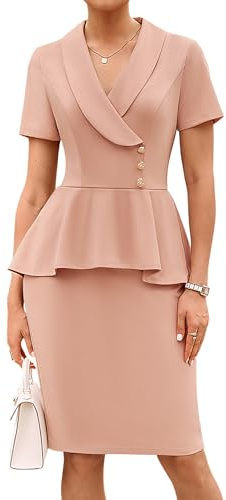 GRACE KARIN Vestido de cóctel para mujer con mangas cortas, estilo tubo, con escote en V, volantes, estilo Bodycon, midi, para negocios, fiesta, cóctel, trabajo, Rosa., M