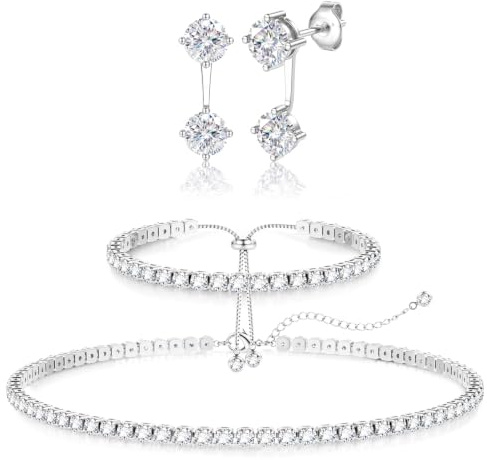ADRAMATA Smyckesset för kvinnor, rostfritt stål, silver, halsband, örhängen med kubisk zirkonia