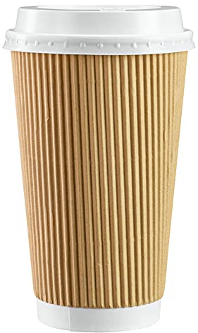 GUSTO [50 unidades - 470 ml - 16 oz Tazas de Papel Rizado Kraft Aisladas, Tazas de Café Desechables con Tapa - Ideales para Bebidas Calientes, Viajes y Uso en Oficina - Formerly Comfy Package
