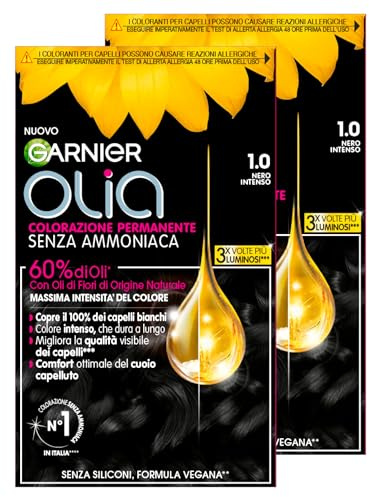 2 x Garnier Olia Midnight Permanente Haarfarbe Farbe 1.0 Intensives Schwarz ohne Ammoniak zarter Duft - 2 Farben