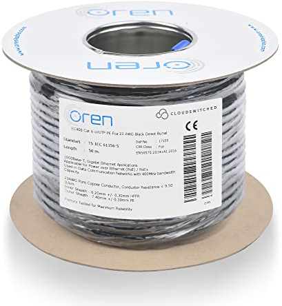 Oren CAT6 Outdoor Ethernet Cable 50m - Direct Burial - 23 AWG Pure Copper Wire - 400 MHz Bandwidth UTP Internet LAN Network Cable - Halogen Free, Non-Corrosive - Gigabit High Speed