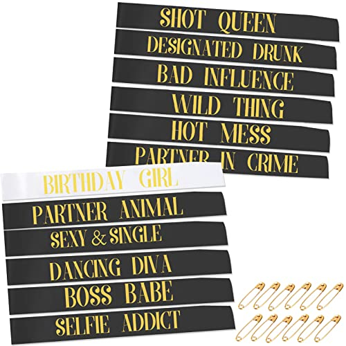 TEUVO 12 Stück Birthday Sashes Geburtstag Schärpe zum Mädchen & Frau, mit 1 Stück Weiß Geburtstag Schärpe + 11Stück Schwarz Gruppe Schärpen zum Geburtstag Geschenke Dekor Zubehör Party Accessoires