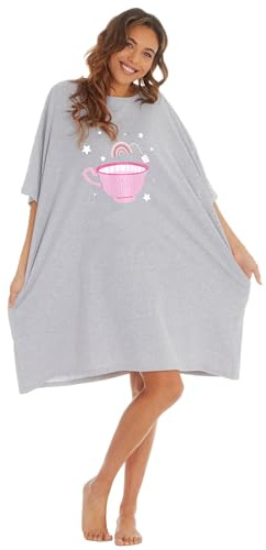 Nikaro Ladies/Girls Oversized 100% Pure Cotton Graphic Slumber Party Sleep T Shirt NightShirt (One Size) Grey