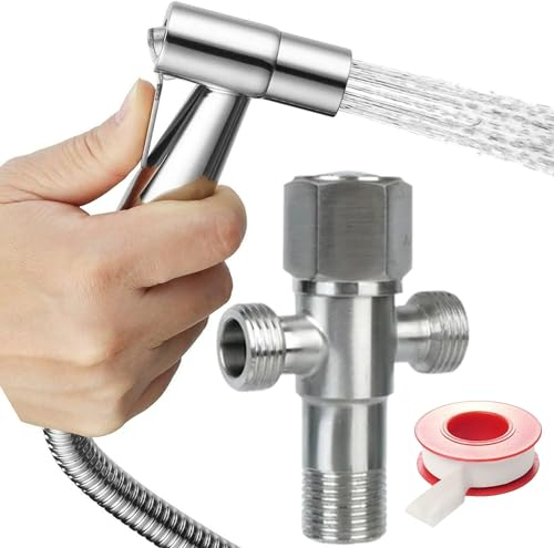 SOLTANA Kit Ducha Higiénica para WC – Rociador de Bidé Manual en Acero Inoxidable – Válvula de Doble Salida 1/2 – Manguera de 1,20 m – Adaptadores Incluidos – Fácil Instalación, (NÍQUEL CEPILLADO)