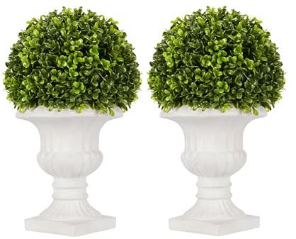 SEVENLOVE 2 Pack Artificial Boxwood Topiary Plants with Vase, Artificial Boxwood Table Stems,13 Topiary Weddings Centerpiece Décor, Mini Fake Plant Greenery Arrangement
