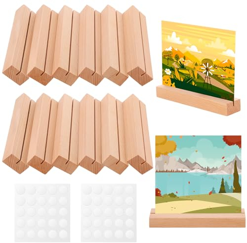 XREE 10 Stück Kartenhalter Holz Größe, 15x3x1,8 cm Tischkartenhalter Hochzeit Fotohalter Postkartenhalter Menükartenhalter mit Klebepunkte Holzaufsteller für Bilder Geburtstag Party
