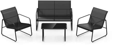 KOMFOTTEU Conjunto Bistró para 4 Personas con Mesa Vidrio Templado | Juego de Muebles de Jardín con Sofá de 2 Plazas y 2 Sillones de Textileno para Balcón, Terraza, Patio
