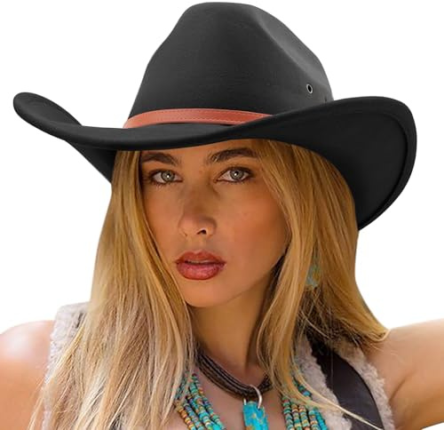 DRESHOW Sombrero Vaquero Unisex - Negro - Fedora - Ajustable - Estilo Western - Talla Única - Protección Solar Alta - Transpirable - Para Hombres y Mujeres - Ocasiones Varias
