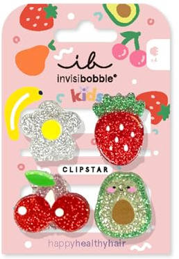 invisibobble Clip Star Kids Fruti Fun - 4 pinzas para el pelo para niños, coloridas, brillantes, para cabello sano, diseño de frutas y flores, perfectos para niños