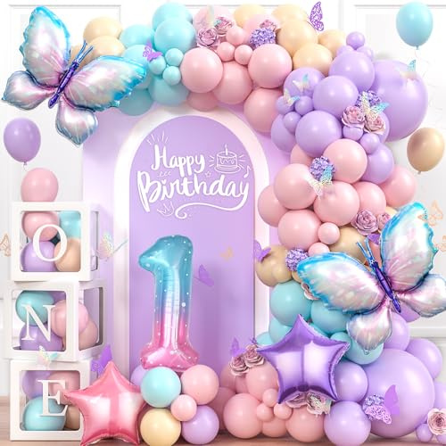 G.C Deko 1. Geburtstag Mädchen Schmetterlinge Luftballon Girlande Schmetterlinge Deko Geburtstag mit Ballon Girlande Ballonbox für Schmetterling Geburtstagsdeko Mädchen Baby Shower Party Deko