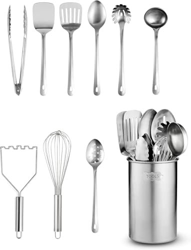 Set di utensili da cucina - 10 pezzi in acciaio inox con cucchiai, frusta, spatola, pinzette, mestolo, tritatutto e supporto - Accessori
