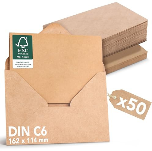 Falinko Faltkarten mit Umschlag Kraftpapier braun I Din A6/C6 I Faltkarten blanko I Briefumschläge braun I neutrale Grußkarten mit Umschlag (Kraftpapier, 50er Set)