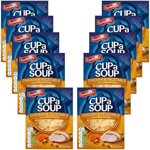 Instant Soup Bundle with Batchelors Cup A Soup Chicken & Vegetable with Croutons 110g - 10 Pack | Low In Fat and Sugar, No Artificial Food Colours.