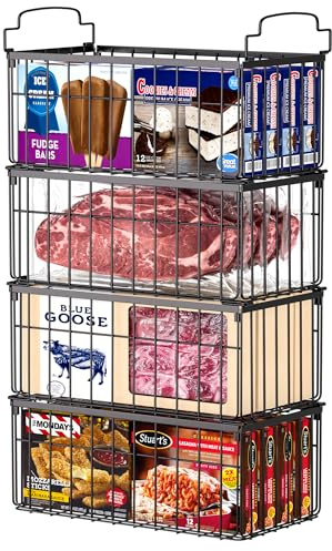 MSERCUOR Freezer Organizer Bins, 4 Pack Stackable Deep Chest Freezer Organizer Bins, Foldable Baskets with Handles, Black Storage Container Baskets for 5/ 7 Cu.FT Deep Freezer Sort Frozen Meats
