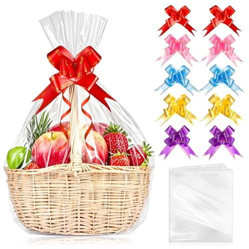 SelfTek 10 Piezas Papel Celofán Transparente, Envoltura De Celofán para Cestas con Lazos, Bolsas De Celofán Transparente para Cestas De Regalo (33 X 22 Pulgadas)