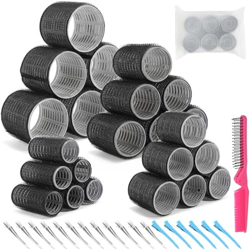 43PCS Self Grip Hair Rollers Set for Long Thick Hair – 4 Sizes Curlers (25mm-60mm) with 18 Extra-Large Clips & Folding Comb – Heatless Hair Curlers for Volume & Waves