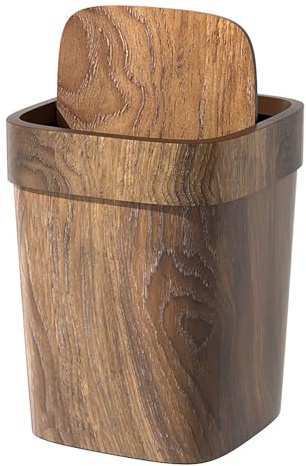 Cubo de basura retro con tapa, grano de madera de imitación pequeño, 8.7 x 10 pulgadas, estilo vintage, para cocina, baño, dormitorio, reutilizable y fácil de limpiar