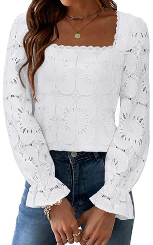 UNCOOYEE Blouses for Women Dressy Casual Work Going Out Eyelet Square Neck Puff Long Sleeve Embroidered Lace Crochet Boho Tops Trendy Fall Fashion 2025 White Medium