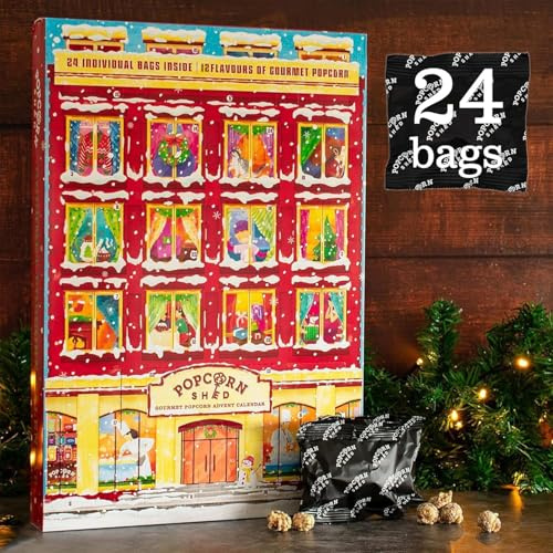 Popcorn Shed Calendrier de l'Avent Gourmet Popcorn 2025 (24 jours de pop-corn) – 12 saveurs de luxe, ingrédients entièrement naturels, cadeau végétarien, calendrier de l'Avent de Noël avec pop-corn