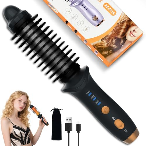 Rppiup Cordless Hair Curler, Fast Heating Travel Curling Tongs for Short Hair with 3 Temperature Settings, Portable USB Rechargeable Mini Cordless Hot Brush with Negative Ion for Travel Women (Black)