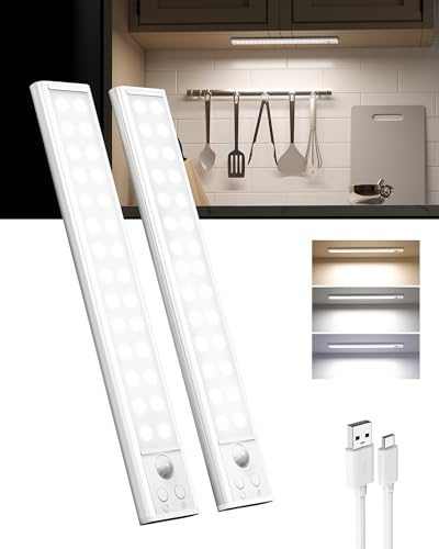 EZVALO Luci Per Armadio e LED Sottopensile Cucina, Sensore Di Movimento 25CM*2Pezzi, Lampada Da Incasso Con 1800 mAh e USB, Luce Fredda Adatto Per Cucine, Armadi e Scale