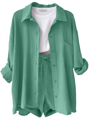 Yutdeng Conjunto Mujer Dos Piezas Casual Lino Traje de Verano Ligero 2 Piezas Conjuntos Chándal Blusa Manga Larga Pantalones Cortos Ropa de Playa Vacaciones Deportivo Casa Trabajo Loungewear Elegante