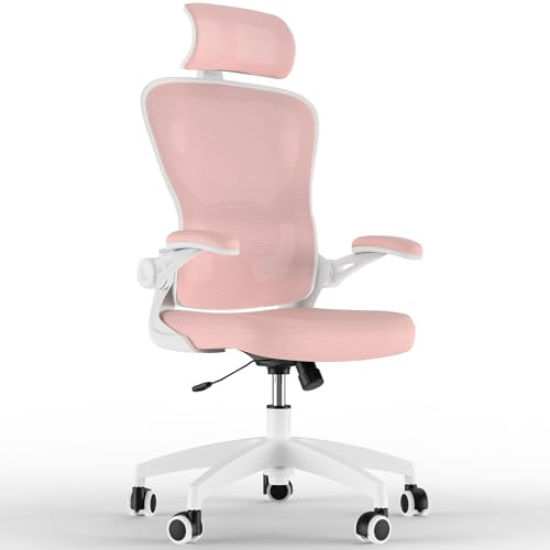 Feonase Ergonomic Office Chair with Adjustable Headrest and Lumbar Support, Mesh Back, Flip-up Armrests and Rocking Function – Swivel Desk Chair for Home Office, Study, Gaming Pink/White
