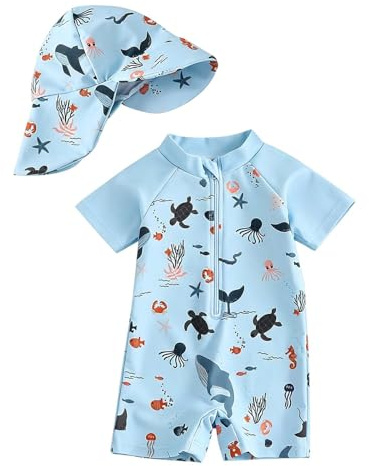 Traje de Baño Bebé Mangas Largas UPF50+ Bañador con Capucha Cómoda y Transpirable Rash Guard con Cremallera Verano Traje de Baño para Playa Vacaciones 0-3 Años Bebe Niño Niña