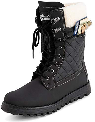 POLAR Womens Memory Foam Outside Pocket Inside Zip Thermal Waterproof Deep Tread Rubber Sole Snow Boots - Black Leather/Beige Shearling - EU40/US9 - YC0621