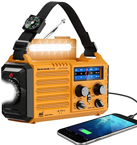 Eoxsmile Emergency Radio with NOAA Weather Alert– 5000mAh Solar Hand Crank Portable AM/FM Shortwave Radio, Rechargeable Battery, USB Charger, Flashlight, SOS Alarm for Home Outdoor Hurricane Survival
