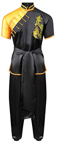 Playwell Wettbewerb Kurzärmelig Kung Fu Seide Uniform - Schwarz/Gelb - Neu (170cm)