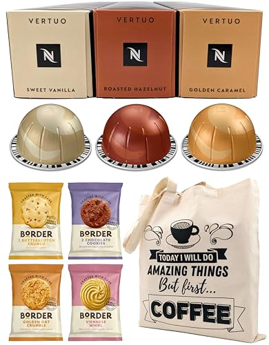 Coffee Pod Variety Pack for Nespresso Vertuo Machine - Sweet Vanilla, Roasted Hazelnut, Golden Caramel - 3 Boxes (30 Pods) Bundled with Border Biscuits and Reusable Tote Bag