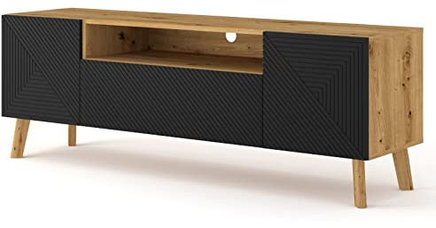 BIM Furniture Lowboard LUXI 160 cm Eiche Artisan, Fronten schwarz matt gefräst MDF, Beine aus Massivholz, Sideboard Highboard TV Tisch Kommode
