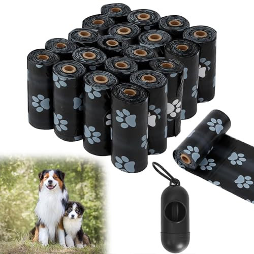Miayical Hundekotbeutel 300 Tüten/20 Rollen, Auslaufsichere Kotbeutel mit Spender, Müllbeutel für Hunde, Biologisch Abbaubare Hundekotbeutel, Auslaufsicher, Extra groß, Wasserfest, Reißfest, Schwarz