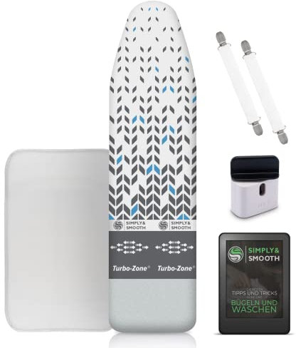 SimplySmooth Turbo Ironing Board Cover 120 x 40 cm Suitable for Steam Irons - Made in EU Ironing Board Cover with Tensioners, Cord Twister, Ironing Cloth - Quick Ironing Comfort Padding