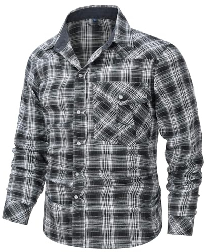 MakingDa Camisa casual de franela a cuadros para hombre, de manga larga, ajuste regular, con botones a presión, con bolsillos