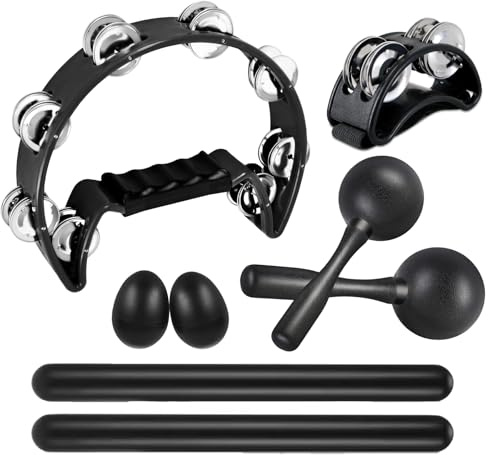 8 Pcs Tambourines for Adults Metal Jingles Half Moon Tambourine, Foot Tambourine, Wood Rhythm Sticks,Egg Shakers, Sand Hammer, Hand Percussion Instrument Set for Party, KTV