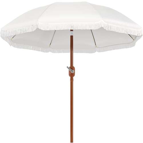 Yaheetech Sombrilla Playa Redonda con Flecos de Alta Densidad 242cm Parasol Inclinable Sombrilla Portátil con Manivela Crema 8 Varillas de Fibra de Vidrio Tejido Poliéster Crema