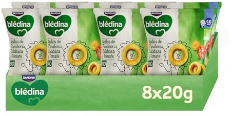 Blédina Snacks BIO, Bolsas de Snacks Saludable para niños sabor Zanahoria, Calabaza y Tomate. Anillos Sin Gluten,Sin Conservantes Ni Colorantes y Sin Sal Ni Azúcares Añadidos.Desde los 10 Meses, 8x20g