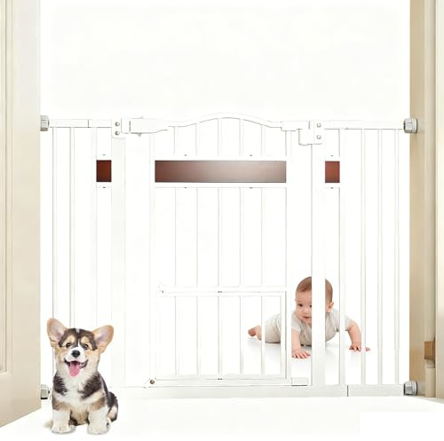 GYMAX Barrière de Sécurité Largeur Extensible 74-104cm pour Chien Chat Enfants, Double Verrouillage, Petite Porte Inférieure, Porte de Sécurité pour Escalier, Pièces, Couloirs (Blanc)