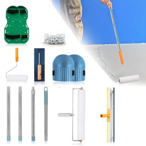 Kit Completo de Herramientas para Cemento Autonivelante con Rodillo de Púas Autonivelante, Rascador de Acero Inoxidable, Rastrillo, Palo Telescópico y Rodilleras​