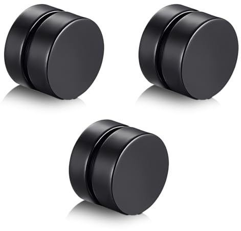 JEYORZY 3 Pares Falsos Pendientes Magnéticos de Acero Inoxidable Imán Hombre Pendientes Clip Hombre Sin Agujero Pendiente CZ Magnet Mujer Aro Pendientes Set para Hombres, Mujeres(Negro）