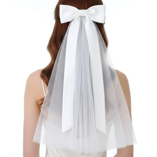 Ymapinc Wedding Short Big Bow Veil with Clip, Ivory White Headband Bridal Veil for Bride Bachelorette Party Cathedral Wedding Bridesmaid Hair Accessory