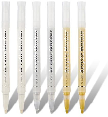6 Pièces Feutres Marqueurs Métalliques Acryliques, Stylos Pailletés Imperméables pour Pierre, Verre, Bois & Papier, Couleurs Or, Argent & Blanc, Idéal pour DIY, Scrapbooking et Décoration