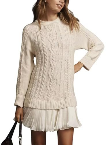 WINKEEY Vestidos Mujer Suéter de Punto Cuello Redondo Vestido Manga Larga Mujer Cómodas Elegantes Vestidos de Invierno Otoño,Blanco XL