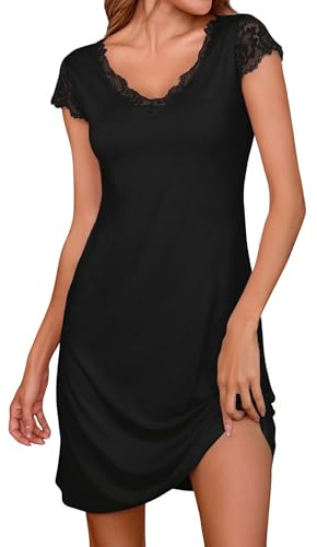Uniexcosm Chemise de Nuit Femme, Col V Dentelle | Chemise de nuit femme en coton mélangé, col V et manches courtes bordés de dentelle, coupe fluide et confortable