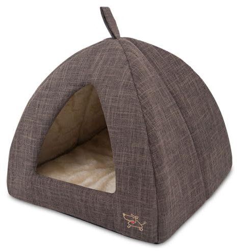 Best Pet Supplies Cat Bed for Indoor Cat, Domed Tent House with Removable Pillow, Covered Cat Cave for Small Dog, Puppies and All Breeds of Cats - Brown Linen, 16 x 16 x H:14