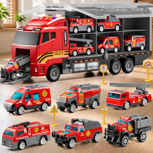XINNOVEL Carrier Truck Toddlers Toys for 3 4 5 6 7 Years Old Boys, Toy Truck Transport Car & Die-Cast Car and Play Mat, Fire Toys Birthday Gifts for Kids 3 4 5 6 7 8+ Years Old Boys Girls